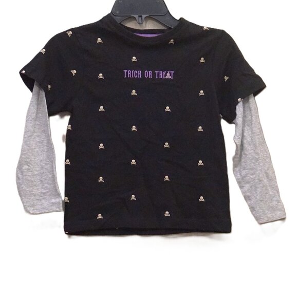 Denim & Flower Faux Layer Gray and Black Tee Trick or Treat Skeletons Boy’s 4 - Picture 1 of 6
